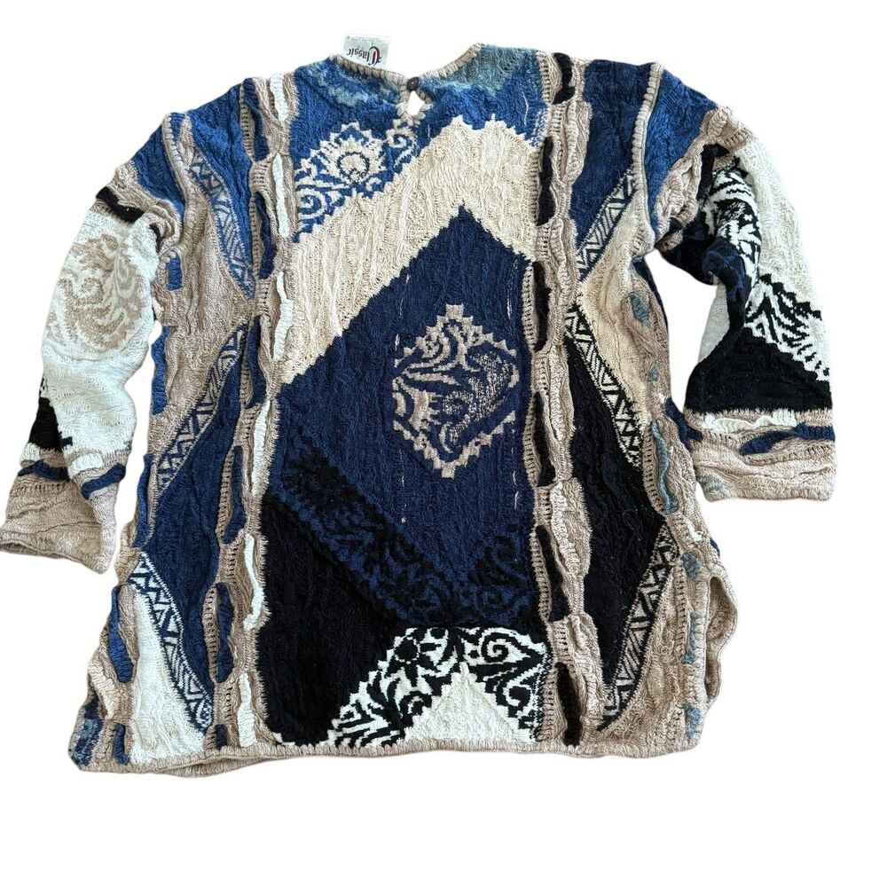 Coogi Vintage Women’s Sz S Cable Knit Sweater Blues Browns Back  Neck Button